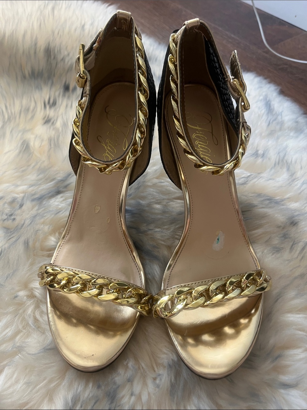 Fergie Gold Chain-Trim Ankle Strap Heels